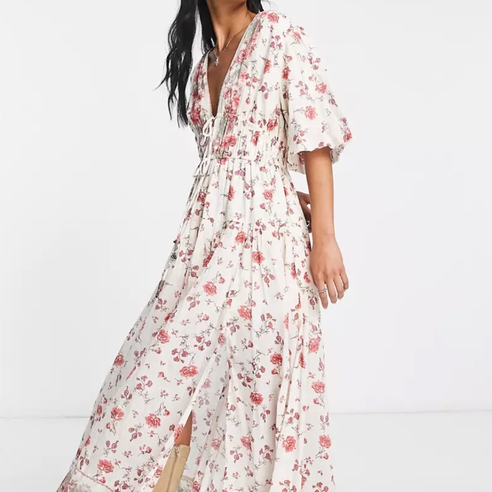 Free People plunge floral print midaxi dress in white and pink Color Tea Combo